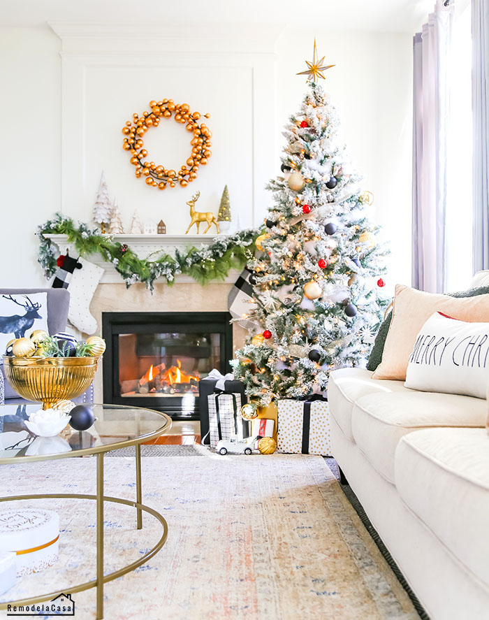 Black and gold family room for Christmas