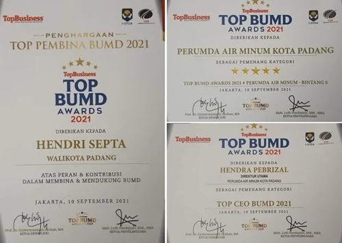 Ditengah Badai Pandemi, Perumda Air Minum Kota Padang Terima Penghargaan Top BUMD Awards 2021