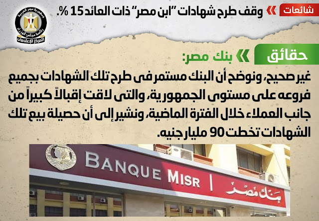بنك مصر ينفي وقف طرح شهادات " ابن مصر" ذات العائد 15%