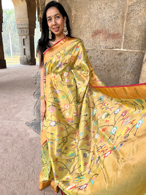 Double tissue kota doria saree gold color with floral jaal