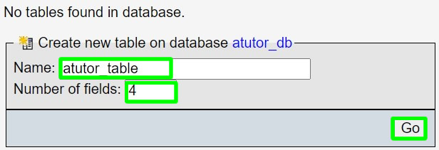 creating new table for database via phpmyadmin