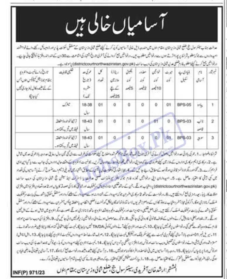 District and Session Courts North Waziristan Jobs 2023 Latest Advertisement