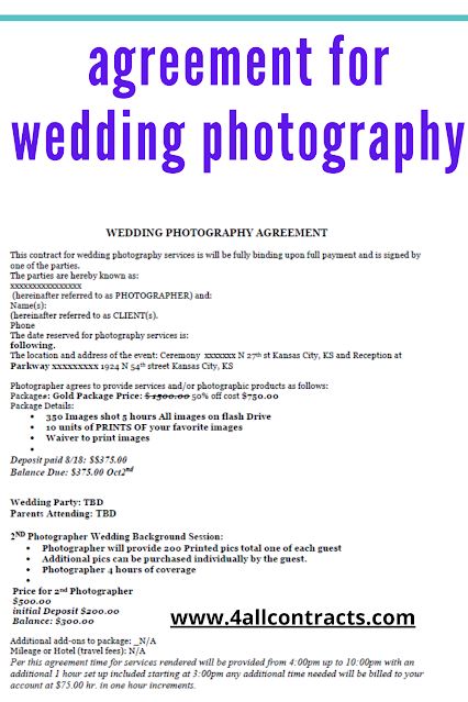 An agreement for wedding photography is a legal contract between the photographer and the client