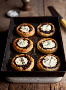 Red wine caramelised onions & goats cheese tartlets