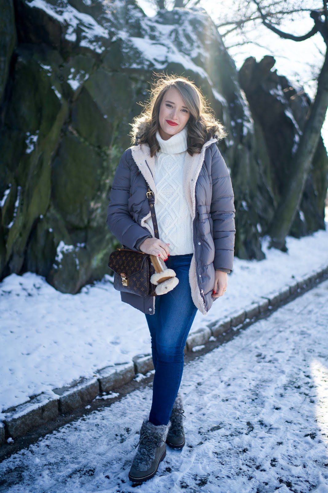 cute snow outfit - faux fur, hunter boots - By Lauren M