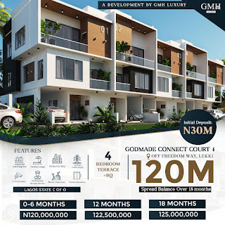 *GODMADE CONNECT COURT 4 LEKKI*  _Live The Dream! The True Luxury Home._  Specially designed for royalties and royalties at heart, Godmade Connect Court 4 stands 8 floors tall with 11 units of 4 Bedroom Terrace, 36 units of 3 Bedroom Flats and 6 units of Penthouses.