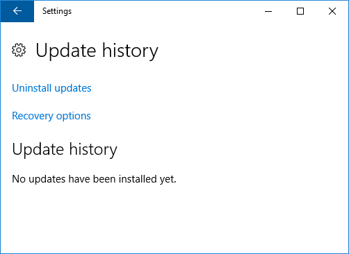 Screenshot of Update history showing no updates have been installed