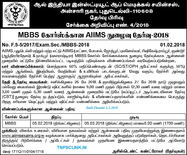 AIIMS MBBS Course Entrance Notification 2018