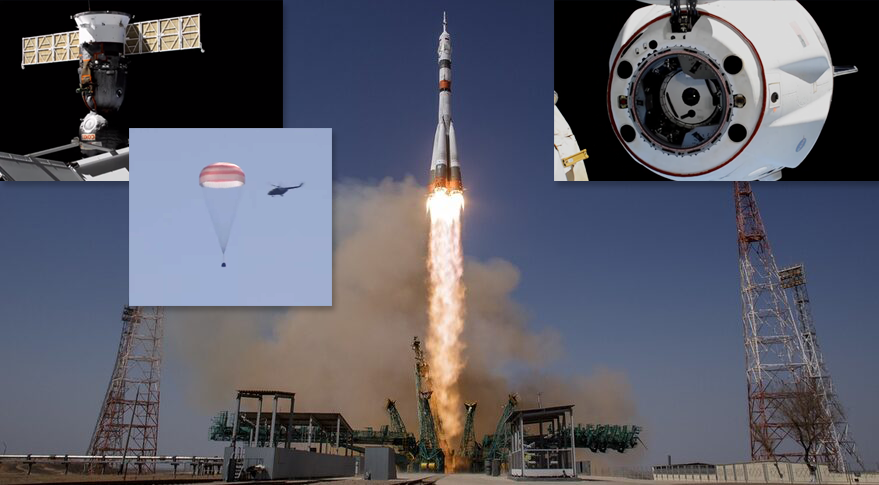 Left: Return of Soyuz MS-17 on 16 April. Centre: Launch of Soyouz MS-18 on 09 April. Right: Port relocation of Dragon Resilience on  05 April. NASA/JPL, 2021.