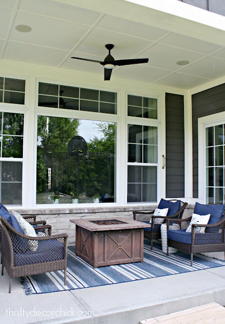 Blue and white outdoor decor on patio