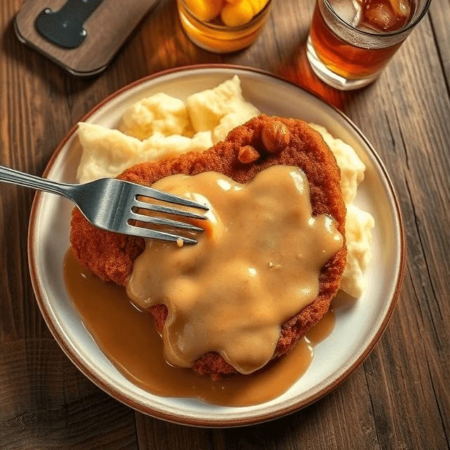 Homestyle Chicken Fried Steak with Classic Sides Chicken Fried Steak with country gravy, mashed potatoes, and corn