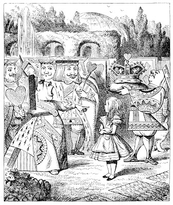 The Queen of Hearts demands to know who Alice is, in front of the court of cards