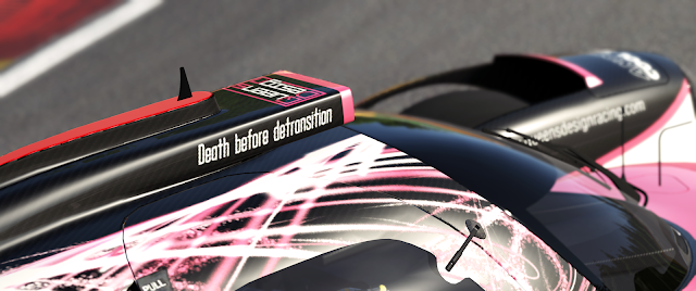 Picture from rFactor 2: an Oreca 07 LMP2 in the Queens' Design colours. It is pink with matte black and glossy white accents. On the sides is victoire Laviolette, the team's mascot.