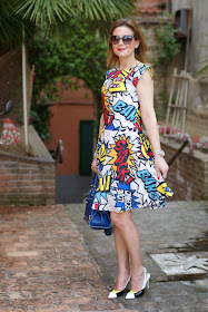 Love Moschino comics dress, Loriblu heels, Moschino sunglasses, Balenciaga city blue, Fashion and Cookies, fashion blogger