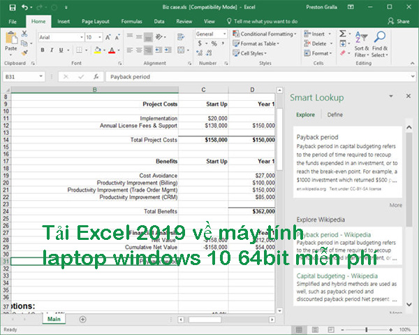 Tải Excel 2019 về máy tính, laptop windows 10 64bit miễn phí b