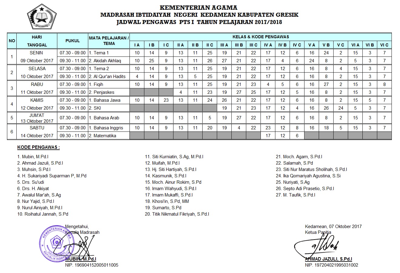 Jadwal Penilaian Tengah Semester Ganjil Tahun Pelajaran 2017/2018