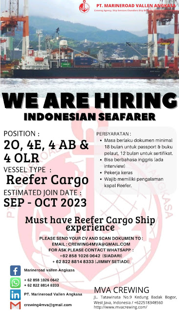 Loker Indonesian Seafarer Reefer Cargo & General Cargo Sept 2023