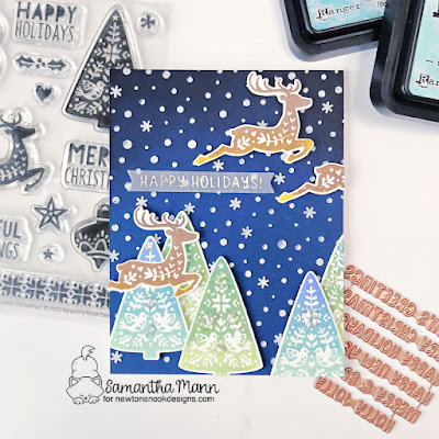Happy Holidays Card by Samantha Mann for Newton's Nook Designs, Hot Foil, Distress Oxide Inks, Ink Blending, Chrismtas, Christmas Cards, Card Making, Handmade Cards, #newtonsnook #newtonsnookdesigns, #hotfoil, #christmas