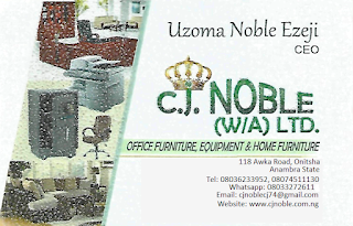 WELCOME TO THE "WEBSHOP" AND BUSINESS WORLD OF "C J NOBLE (W/A) LTD".THE GIANT IN ALL KINDS OF OFFICE FURNITURE EQUIPMENT & HOME FURNITURE.WHY BUY OFFICE EQUIPMENTS & HOME FURNITURE FROM C.J. NOBLE (W/A) LTD., CUSTOMER SATISFACTION GUARANTEED.Our Head Office: No: 118 Awka Road Before Savoy Junction, Onitsha, Anambra State, Nigeria. Telephone Lines: 08036233952 - 08074511130. Whatsapp: 08033272611. Email: cjnoblecj74@gmail.com 