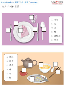 MamaLovePrint 主題工作紙 - 認識餐具工作紙 幼稚園常識  Tableware Worksheets Vocabulary Exercise for Kindergarten School Printable Freebies Daily Activities