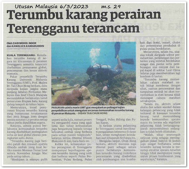 Terumbu karang perairan Terengganu terancam - Keratan akhbar Utusan Malaysia 6 Mac 2023