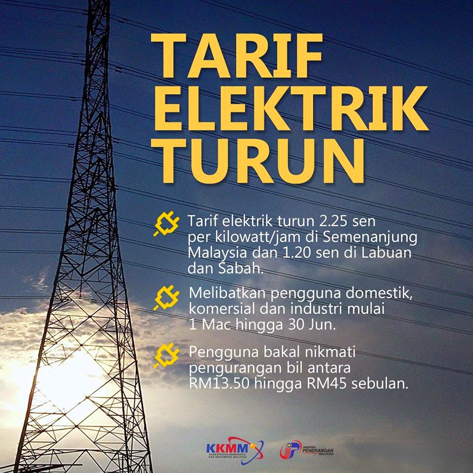 Tarif Elektrik Pengguna Malaysia Turun Bermula 1 Mac 2015