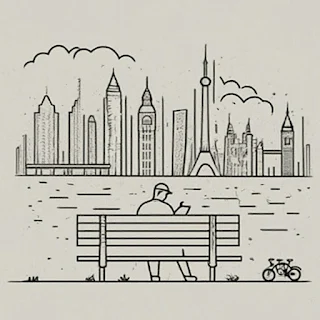 line drawing of person on bench overlooking city