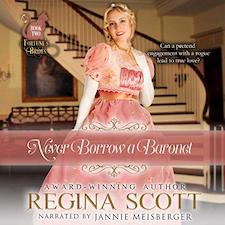 Never Borrow a Baronet audiobook cover. A blonde woman in a pink gown stands before a sweeping staircase.