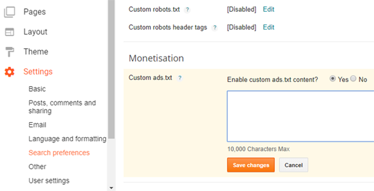 Select Monetisation to add custom ads.txt file blogger