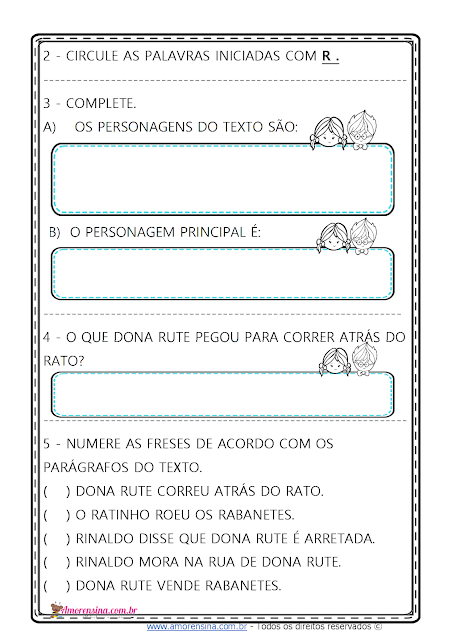 1º ano, 2º ano, Atividades de alfabetização 1 ano, Texto e interpretação, Texto e interpretação 1 ano, Letra R, Atividades com a família silábica da letra R, 