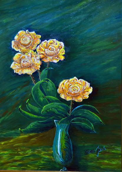 Janina Bachiska, kwiaty zielony wazon,  obraz olejny na płycie o wymiarach 40x60 z 2012 roku