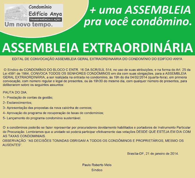 EDITAL DE CONVOCAÇÃO ASSEMBLEIA GERAL EXTRAORDINAÁRIA DO CONDOMÍNIO DO EDIFÍCIO ANYA