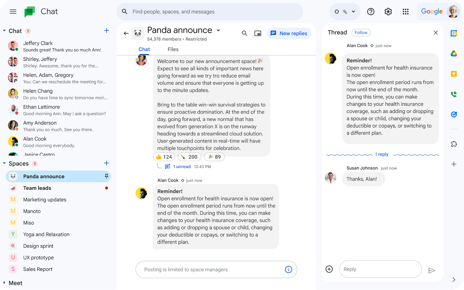 In-line replies now available within announcement spaces in Google Chat