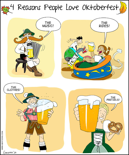 4 frames, each one showing a person in traditional bavarian clothing.  1)man says "The music!" He has huge curled mustache, plays an accordion with one hand, and is holding a stein of beer in the other.  2: a young woman says "The rides!" she is sitting in a bumper car, smashing into another driver. she drives with one hand and in the other holds a large stein of beer.  3) a man with a curled white beard says "The clothes!" He's showing off his lederhosen and suspenders with one hand, and holds a giant stein of beer in the other.  4) a young woman with a crown of braids says "The pretzels!" in one hand she holds a pretzel, and in the other a gigantic (and very close-up) stein of beer.. .