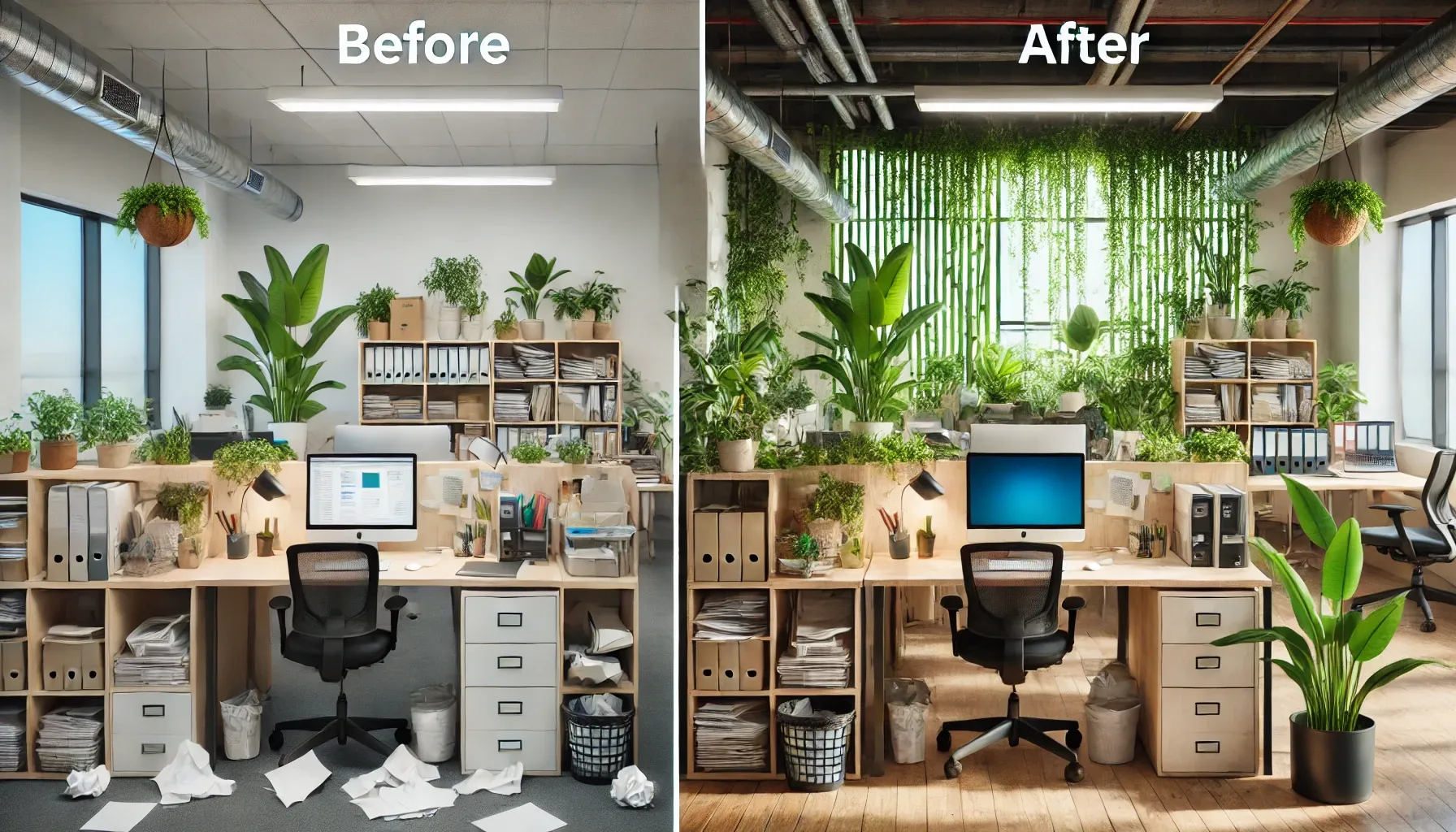 Before & After Images: Show the transformation of an office space from traditional to eco-friendly.