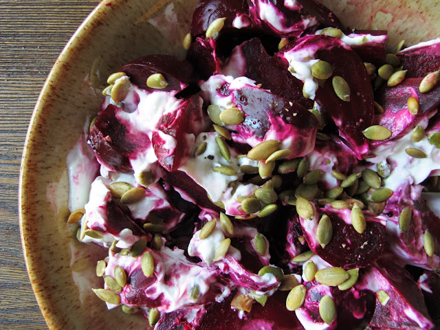 Roasted Beets with Creamy Goat Cheese and Toasted Seeds.