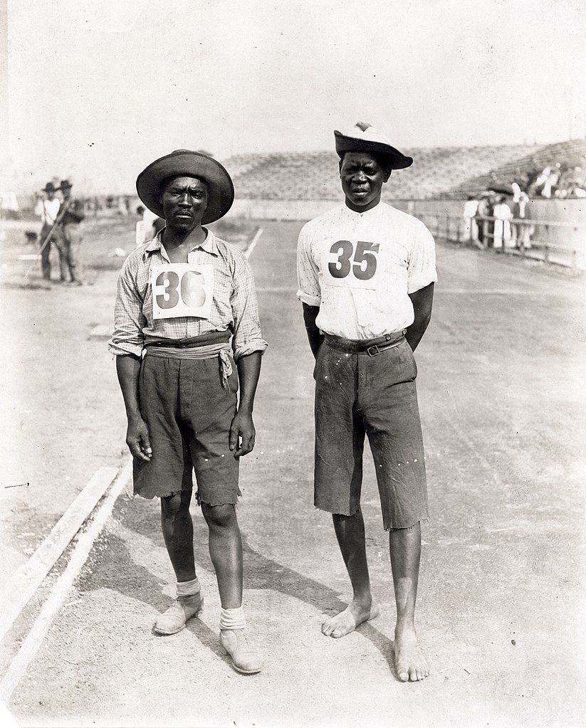 Runners Len Taunyane (left) and Jan Mashiani (right) of the Tswana tribe of South Africa before the race.