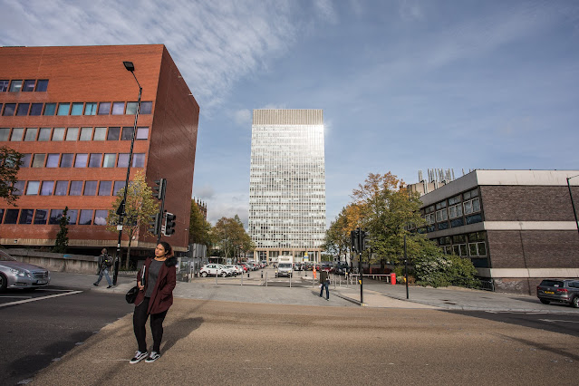 A photo of the Arts Tower of the University of Sheffield, with the Alfred Denny Building on the left.