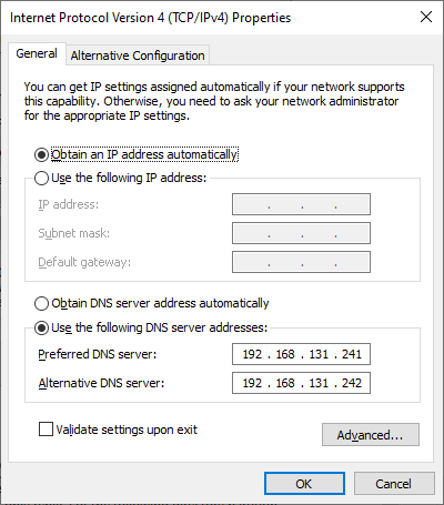 Screenshot of DNS server settings