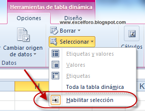 Seleccionar datos en una Tabla dinámica: La opción Habilitar selección.