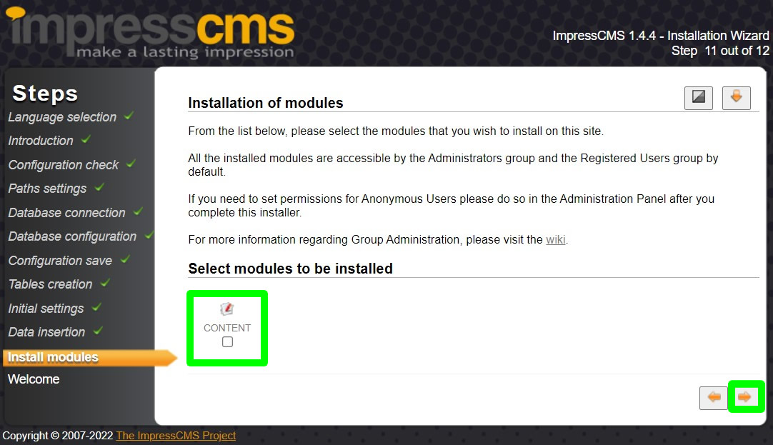 impresscms installation installation of modules