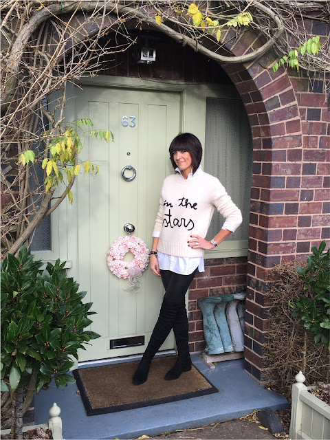 My Midlife Fashion, H and M boyfriend shirt, zara slogan jumper, winter whites, massimo duty leather leggings, schuh dash over the knee boots