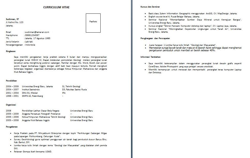 CONTOH CV CURRICULUM VITAE BAHASA INGGRIS