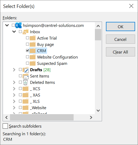 Screenshot showing the Select Folder(s) window in Outlook which shows the folder an email is located within