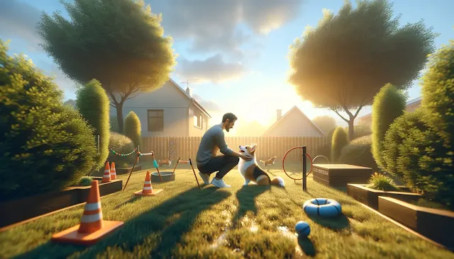 A 3D scene showing a content corgi with its owner in a sunset-lit backyard, highlighting short and sweet dog training sessions.