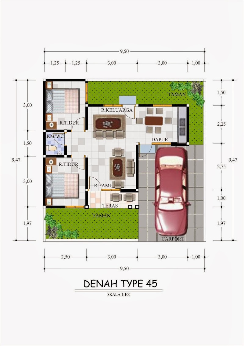 27+ Denah Rumah Type 45 Sederhana, Yang Cantik!