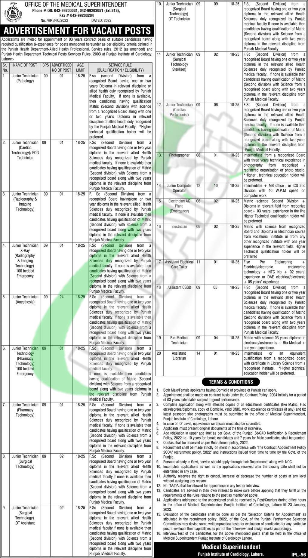 PIC Jobs 2023 Punjab Institute of Cardiology Lahore Career Opportunities