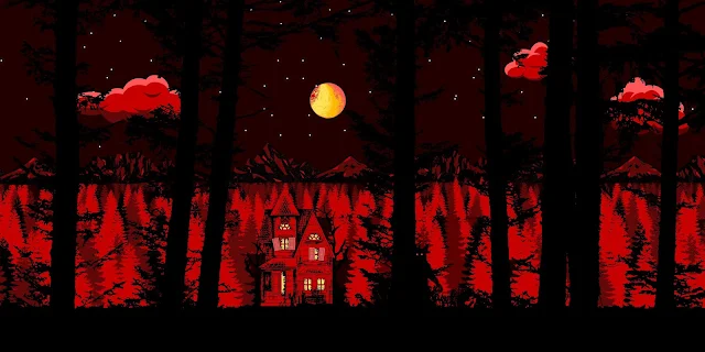Um Ogro se esconde atrás do tronco de uma árvore e, ao fundo, é possível ver sua cabana entre as árvores e mais além uma densa mata e no horizonte as montanhas e uma noite estrelada de lua cheia