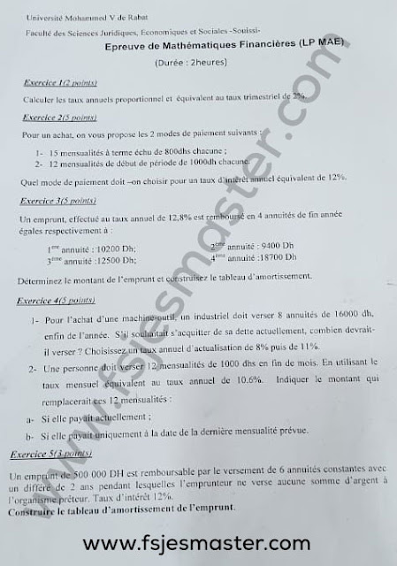 Exemple Examen Licence Epreuve de Mathématiques Financières - Fsjes Souissi