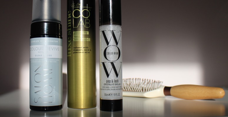Colab-Luxe-Shine-Spray.ColorWow-Pop Lock-Crystallite-Shellac,CharlesWorthington-ColourReviveMousse-ClearGloss